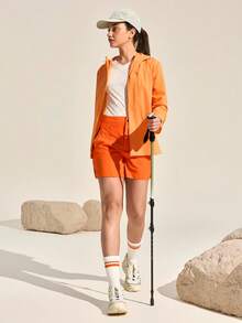 SHEIN Sports Women's Solid Color Pocket Button Casual Versatile Daily Outdoor Shorts - Orange - View 4
