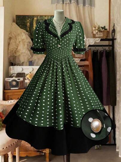 Sweetra Vintage French Style Waist Cinching Polka Dot V-Neck Short Sleeve Maxi Dress