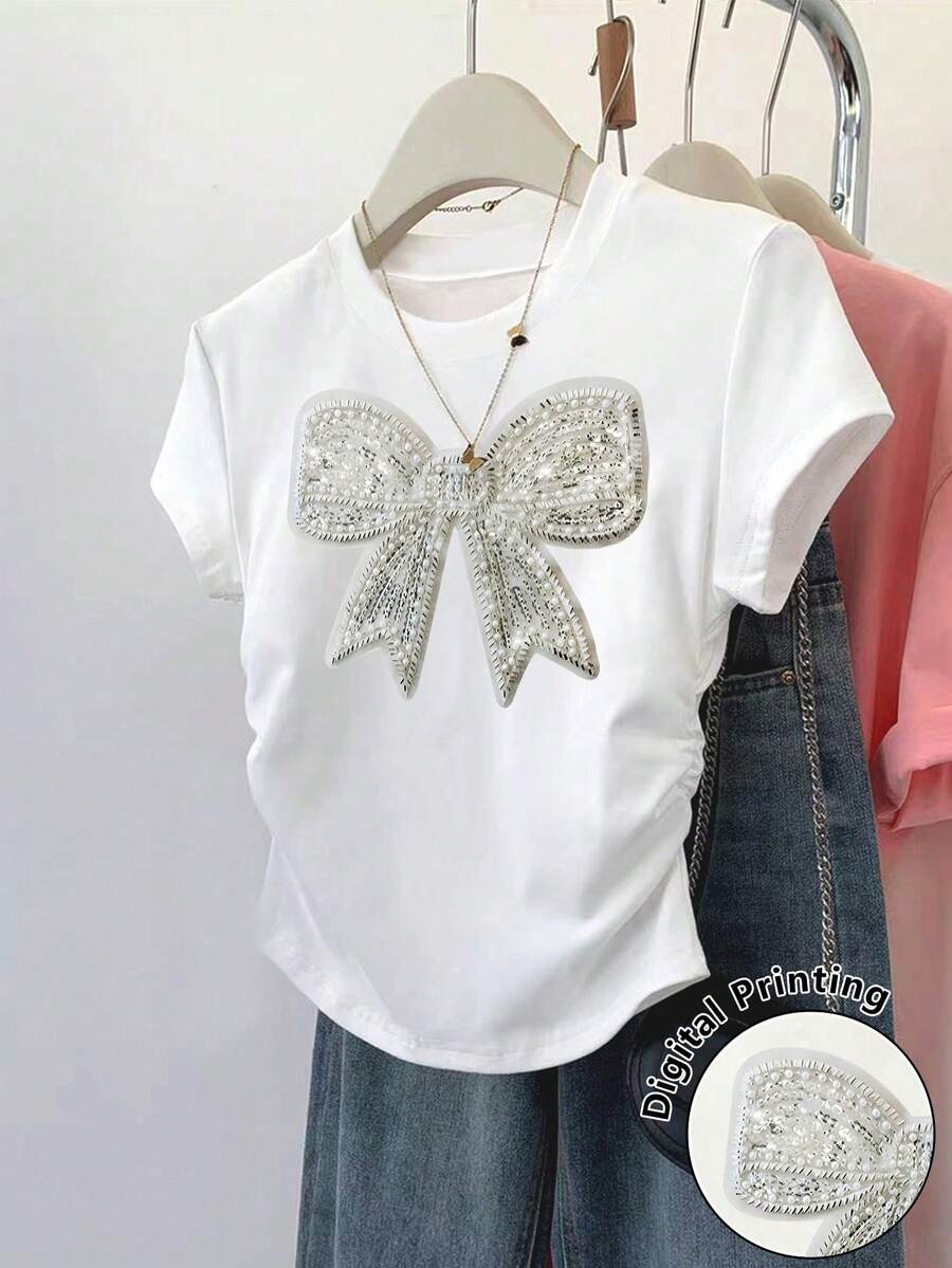 休闲简约仿珍珠蝴蝶结装饰短袖圆领露脐T恤，适合青少年女孩夏季穿着，美式学院风，白色修身款，日常百搭。 - 彩色 - 查看 1