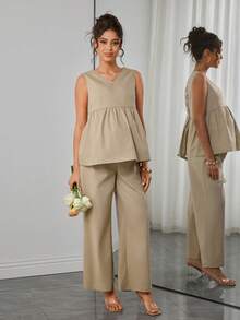Momance Setelan Hamil 2 Potong Tanpa Lengan Leher Bulat Warna Polos dengan Lipatan dan Lubang-lubang Sederhana, Model Longgar, Musim Panas - Khaki - View 6