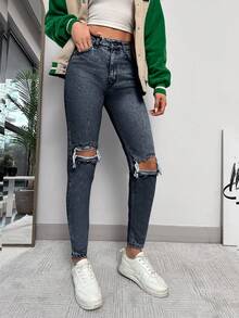 EURMUSE 100%Cotton High Waisted Ripped Jeans - Dusty Blue - View 5