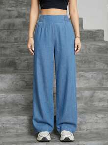 Jeans rectos de cintura elástica, sueltos y con caída para uso casual y diario para adolescentes - Azul lavado medio - Ver 4