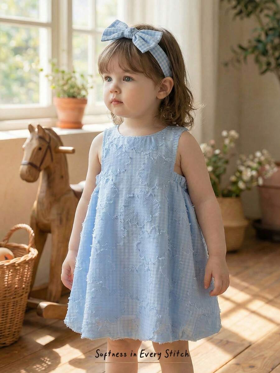 Cozy Pixies Baby Girl Elegant & Cute Summer Jacquard Pattern Blue Loose Flared Hem Dress, Sweet & Charming, Vintage Elegant, Suitable For Spring & Summer, Minimalist Style, Loose Fit, Suitable For Casual Outings, Home Leisure And Casual Gatherings Summer Spring To Summer Vintage - Blue - View 1