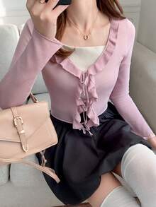 FRIFUL Women's Solid Color Ruffle Trim Layered Slim Fit Lightweight Cardigan, Versatile - Pink - View 5