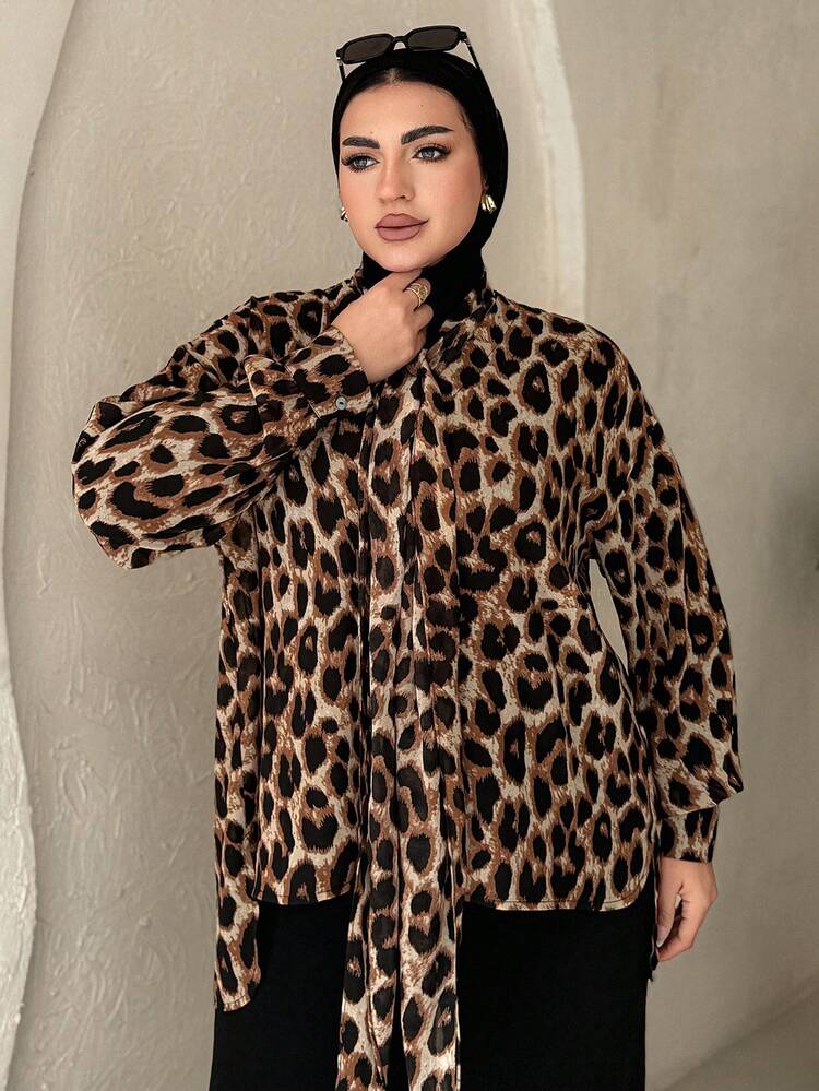 Dazy Plus Elegant Loose Fit Leopard Print Tie Collar Long Sleeve Shirt, Spring/Summer