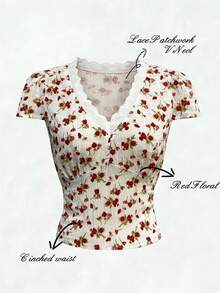 Pariaura 优雅修身红白碎花短袖上衣 - V领蕾丝泡泡袖收腰设计，春夏百搭露脐上衣；俏皮活力红白碎花短袖上衣 - V领蕾丝泡泡袖收腰设计，春夏复古露脐上衣；少女红白碎花短袖上衣 - V领蕾丝泡泡袖收腰设计，春夏精致露脐上衣 - 紅白色 - 查看 6