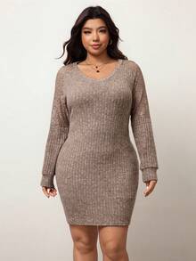 Enliva Plus Size Women's Lace Patchwork Dress, For Apple & Rounded Body Shape - Khaki - View 6