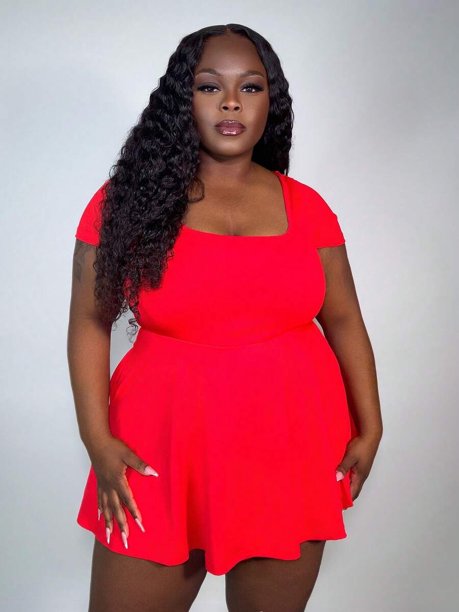 Truni Plus Size Solid Color Square Collar Pocket Casual Short Sleeve Romper, Summer, For Pear Triangle Body Shape - Red - View 1