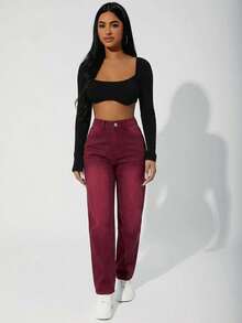 SHEIN PETITE Quần jeans nữ ống đứng, túi xéo, kiểu dáng thường ngày, chất liệu denim mài, thích hợp mặc hàng ngày. - Màu Đỏ Sâu - Xem 3