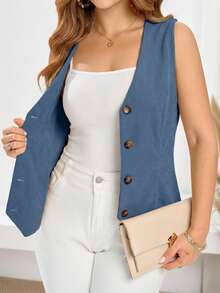 EMERY ROSE Blazer minimalista de talla grande con cuello en V sin mangas, de un solo color y con botones delanteros - Neblina azul - Ver 5
