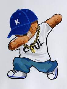 男婴长袖睡衣套装（两件套），圆领白色宽松上衣，饰有可爱的熊图案，搭配黑白格子宽松长裤，针织面料，舒适睡衣 - 彩色 - 查看 3