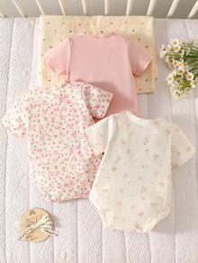 SHEIN 3pcs/Set Newborn Baby Girls Cute Pink And Black Floral Print Rompers Short Sleeve Soft Breathable Summer Clothes Family Matching Daily Wear - Brown - View 3