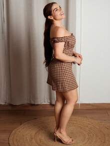 Lupita Cardoza Casual Fashion Slim-Fit Plaid Off Shoulder Mini Dress For Women - Coffee Brown - View 4