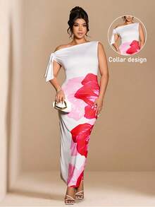 Cravure Spring/Summer Ombre Floral Placement Print Asymmetric Shoulder Bowknot Waist Fitted Long Dress, Elegant & Sophisticated, Suitable For Work, Casual Wear, And Special Occasions - Multicolor - View 3
