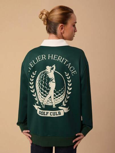 SURIMA Women's Casual Letter Pattern Contrast Color Lapel Drop Shoulder Sweatshirt, Autumn