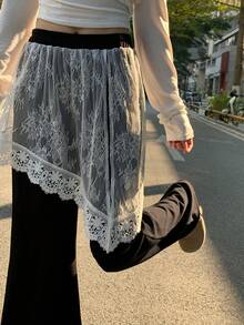 DAZY Women's Contrast Lace Elastic Waist Flare Pants, Casual Vacation Summer Trousers - Black - View 5