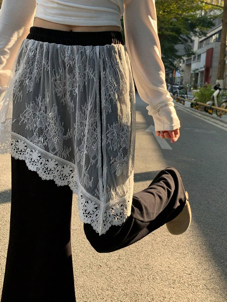 DAZY 女士撞色蕾丝弹力腰喇叭裤，休闲度假夏季长裤 - 黑色 - 查看 1