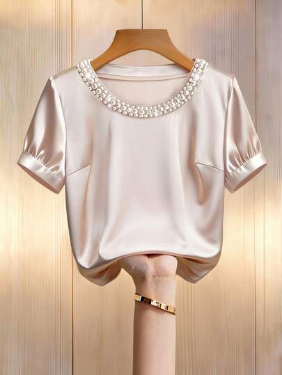 GlowEve CURVE Plus Size Women's Elegant Satin Beaded Round Neck Short Sleeve Blouse, Suitable For Back To School, Party, Christmas, Wedding, Mother's Day, Music Festival, Valentine's Day, Spring/Summer