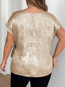 SHEIN CURVE+ 大码女式金属质感圆领蝙蝠袖短袖侧打结优雅上衣 - 金色 - 查看 2