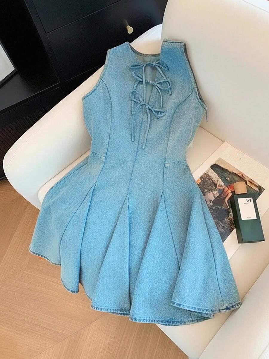 GlowEve Đầm denim không tay dáng casual dành cho nữ, kiểu dáng nghỉ mát, thắt eo, có nơ trang trí, thích hợp cho mùa hè. - Màu xanh lam - Xem 1