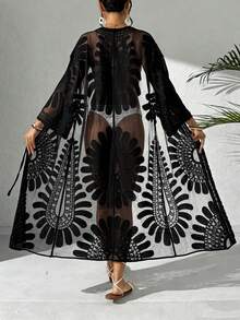 Swim Vcay Kimono Longo Transparente com Bordado Floral Feminino, Estilo Resort de Praia, Primavera/Verão - Preto - Visão 1
