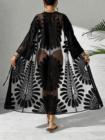 Swim Vcay Kimono long en maille transparente avec broderie florale pour femmes, style plage et resort, printemps/été