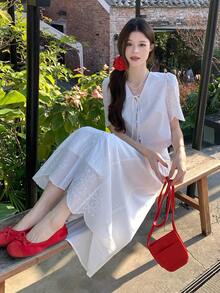 DAZY Bộ áo và chân váy kiểu Hàn Quốc dành cho nữ, phối ren, tươi tắn và thanh lịch, thích hợp cho các bữa tiệc, mùa xuân/hè. - trắng - Xem 4