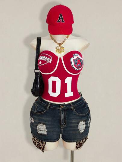 SHEIN ICON Women's Plus Size Retro Casual Sexy Sporty Rugby Outfit Millennial Style Y2K Red And White Color Block Letter Print Slim Fit Bandeau Top