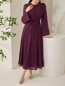 Veilorie 新款褶皱纹理修身A字飘逸沙滩度假休闲派对连衣裙 - 紫紅色 - 查看 3