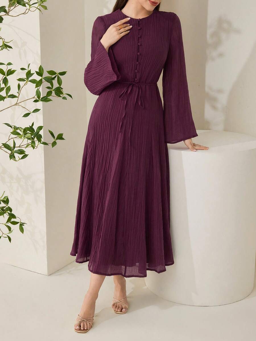 Veilorie 新款褶皱纹理修身A字飘逸沙滩度假休闲派对连衣裙 - 紫紅色 - 查看 1