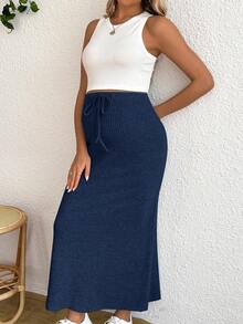 SHEIN Maternity Tank Top And Adjustable Waist Drawstring Fitted Skirt 2 Pieces Set - Royal Blue - View 3