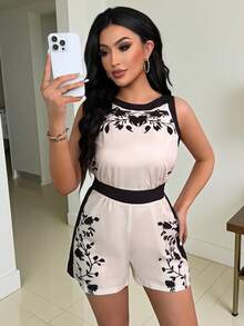 Vavine Women's Casual Vacation Black & White Print Jumpsuit - Black and White - View 1