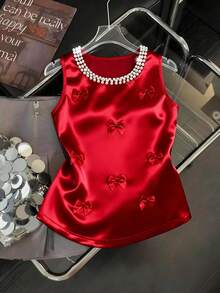 Franclia Women's New Spring/Summer Casual Vintage Style Elegant Commute Vacation Daily Wear Party Party Afternoon Party Round Neck Satin Collar Beaded Faux Pearl Decoration Bow Red Vest With Bow Burgundy Top Vest Round Neck Faux Pearl Decoration Burgundy T-Shirt Birthday Concert Valentine's Day Top Valentine's Day T-Shirt Valentine's Day Shirt Birthday Party - Burgundy - View 7