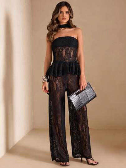 SHEIN BAE Black Lace Bandeau Flared Top & Sheer Lace Pants Sexy 2 Pieces Set, Spring/Summer Sexy Black Lace 2 Pieces Set Lace Two Piece Set