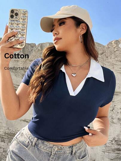 SHEIN EZwear 大码撞色领短款 T 恤，夏季