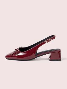 CUCCOO DOLLMOD Women's New Bow Backless Patent Leather Square Toe Chunky High Heel Pumps, Elegant & Fashionable, Wine Red Valentine's Day - Burgundy - View 6