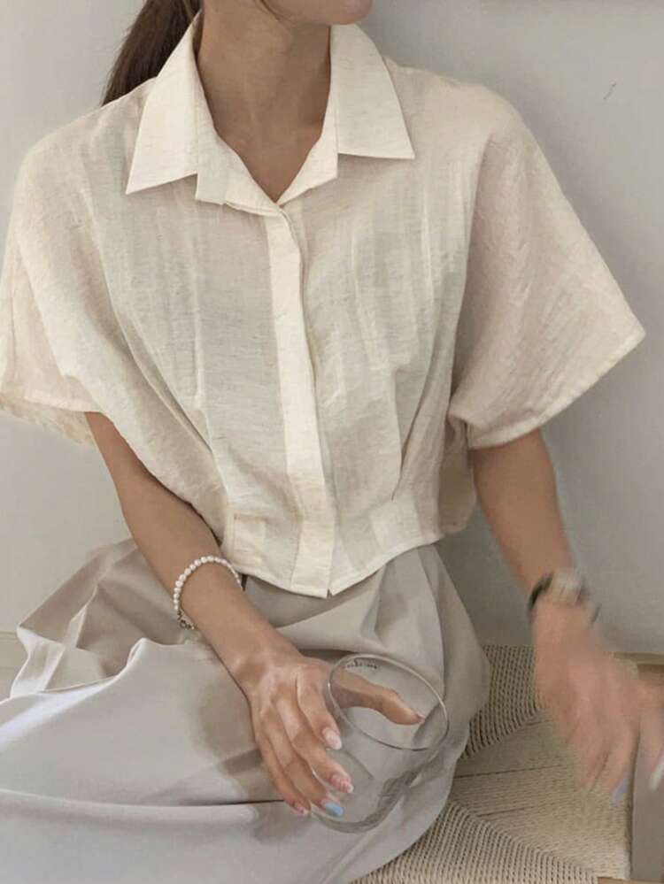 Loose Short Sleeve Cuban Collar Shirt For Women, Vintage French Style Casual Blouse