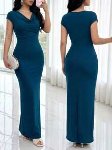 Feyla Women's Solid Color Draped Neck Elegant Waist Cinched Long Dress, Suitable For Dates And Parties - Lake Blue - View 1