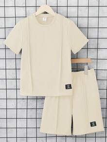SHEIN Mirajuku Tween Boy Basic Solid Color Deconstructed Short Sleeve T-Shirt And Shorts Set, Suitable For Casual And Sports Wear - Apricot - View 3