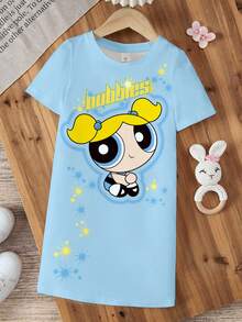 THE POWERPUFF GIRLS X SHEIN Young Girl Bubbles Pattern Round Neck Short Sleeve Dress - White - View 1