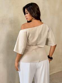 Auralis 大码春夏新款百搭简约通勤风不对称蝙蝠袖不对称褶皱腰身修身套头衫，春季休闲度假女装春季女式衬衫 - 杏色 - 查看 3