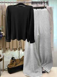 GlowEve CURVE 大码纯色针织开衫，前襟纽扣，条纹修身抽绳装饰，优雅休闲通勤外套，女士休闲套装，条纹两件套，两件套休闲套装，女士两件套，女士服装，条纹裤装套装 - 黑與白 - 查看 2