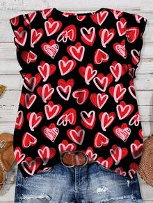 SHEIN LUNE Women's Casual Minimalist Heart Print V-Neck Blouse, Suitable For Summer - Black - View 2