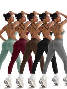 Easithlete Women's Solid Color Pleated Cropped Tank Top And Leggings 2 Pieces Activewear Set Workout Women Sets - Dark Grey - View 2