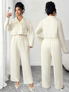 Elenzga Plus Size Women's Business Suit Set With Collar, Decorative Buttons, And Straight Leg Pants, Solid Color - Apricot - View 1