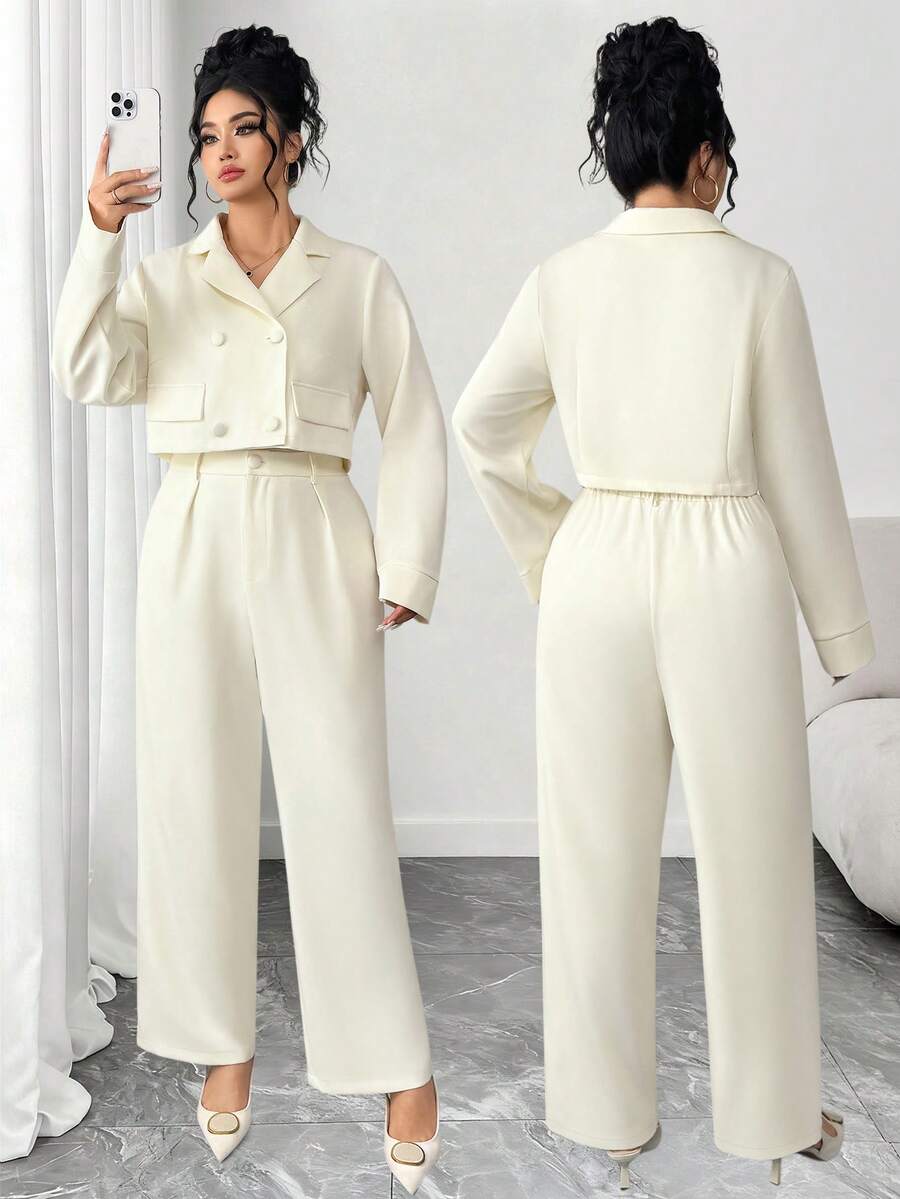 Elenzga Plus Size Women's Business Suit Set With Collar, Decorative Buttons, And Straight Leg Pants, Solid Color - Apricot - View 1