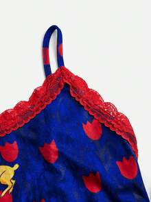 Y2Kool Maria Clara Maia Blue & Red Color-Block Rabbit Rose Easter Y2K Street Fashion Casual Women's Lace Patchwork Two-Piece Set, Suitable For Autumn And Winter Home, Party, Vacation, Holiday, And Daily Outfits - Blue - View 3
