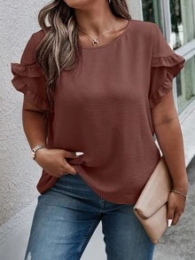 SHEIN Clasi 大码女式纯色圆领荷叶袖休闲衬衫 - 鏽棕色 - 查看 3