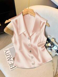 GlowEve Women's Autumn/Winter French Style V-Neck Sleeveless High-End Satin Vest - Pink - View 1