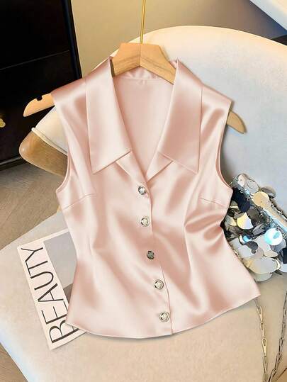 GlowEve Women's Autumn/Winter French Style V-Neck Sleeveless High-End Satin Vest